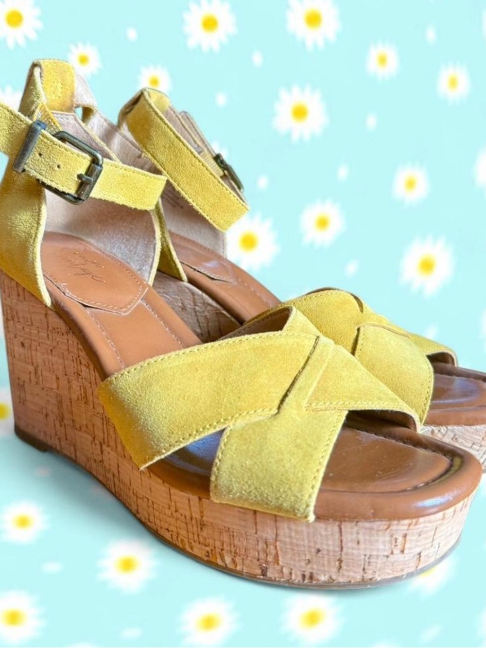 Women’s Marigold Yellow Suede Cork Wedge Sandals with Ankle Strap